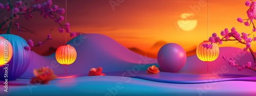 Fantasy Landscape with Pink Flowers and Blue Background at Sunset