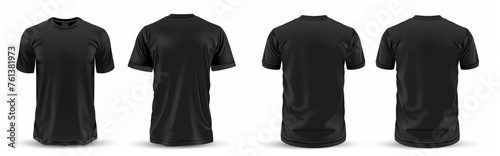 Four black T-shirts in row front and back, banner, for advertising and lettering, copy space, template, mock up, mockup