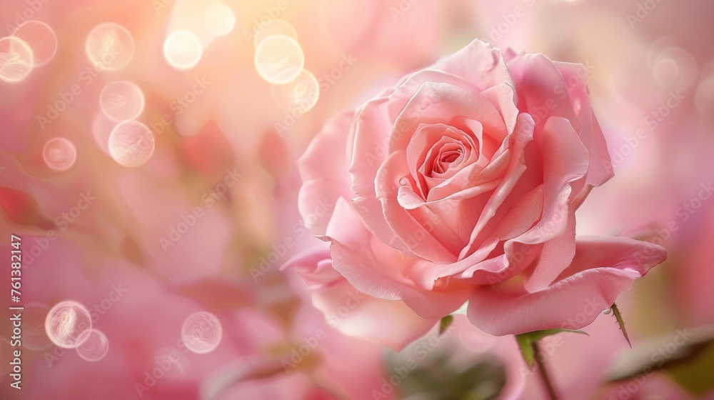 A pink rose is the main focus of the image, with a blurry background A pink rose is the main focus of the image, with a blurry background