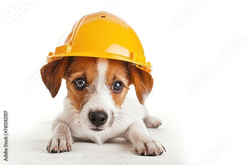 Jack Russell Terrier dog in a builders helmet