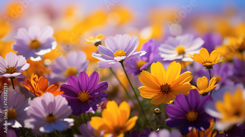 yellow and purple flowers, Beautiful of spring flower field background.