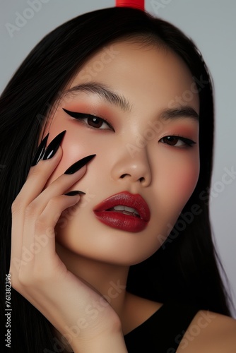 Woman with stylized makeup and nails. Close-up of woman with red lips and bold eye makeup complementing her stylized nails