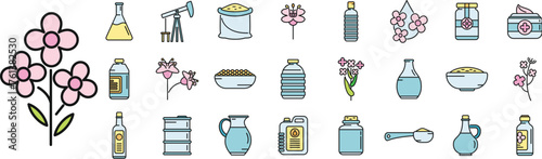 Canola icons set outline vector. Seed rapeseed. Cuisine oil thin line color flat isolated