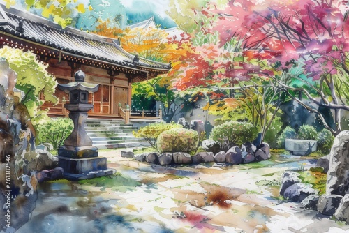 The watercolors of Ninnaji Temple are brightly colored to convey the serene beauty of Japan's ancient temples. photo