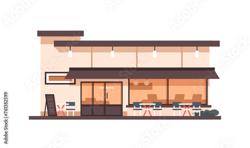 restaurant,Summer cafe shop with outdoor terrace and table with chairs. Street restaurant building facade in flat design. City constructor element