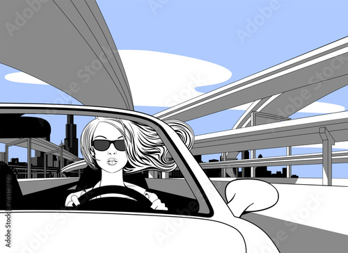 Blonde woman in sunglasses with loose hair driving a car against the backdrop of a highway overpass and the city skyline. Drawing in comic linear style. 
Vector illustration