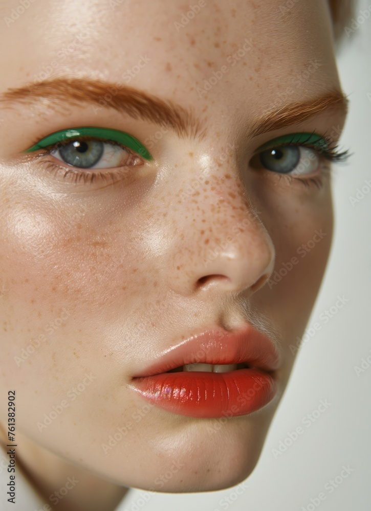 Portrait of a freckled woman with vibrant makeup. High-quality close-up of a woman's face with fresh, stylish green eye makeup and freckles Portrait of a freckled woman with vibrant makeup. High-quality close-up of a woman's face with fresh, stylish green eye makeup and freckles