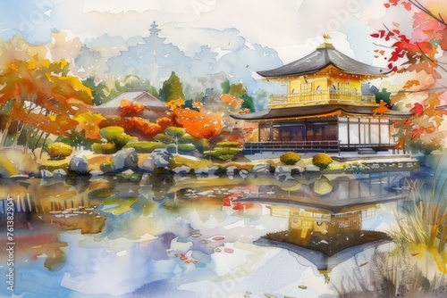 The watercolors of Ninnaji Temple are brightly colored to convey the serene beauty of Japan's ancient temples.