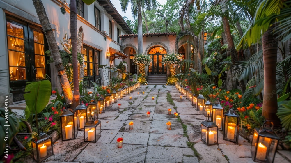 Lantern lit courtyard oasis with greenery and flowers, traditional architecture and community charm Lantern lit courtyard oasis with greenery and flowers, traditional architecture and community charm