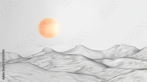 A black and white drawing of a mountain range with a large sun in the sky