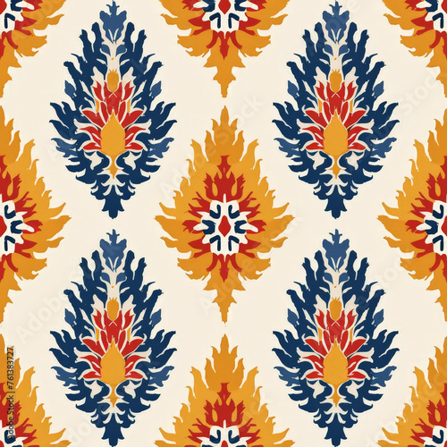 A colorful pattern of flowers and leaves is displayed on a white background