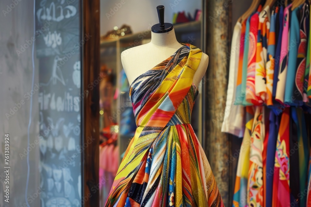 Elegant colorfull dress on mannequin showcasing modern fashion trends in boutique setting
