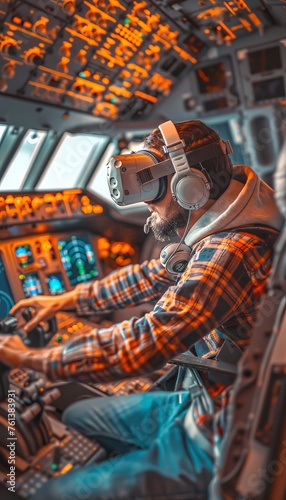 Aviation school pilot exam in flight simulator, man using vr glasses to control aircraft simulation.