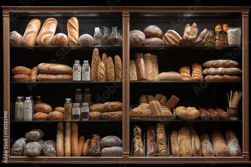 Close-up of an exquisite bakery showcase displaying freshly baked goods and pastries photo