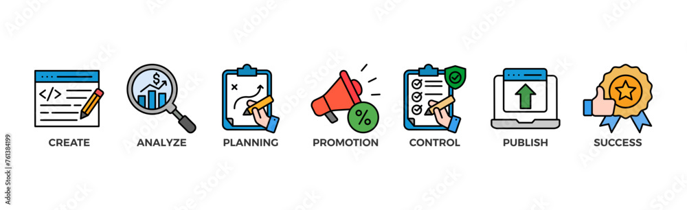 Content strategy banner web icon glyph silhouette with icon of create, analyze, planning, promotion, control, publish and success Content strategy banner web icon glyph silhouette with icon of create, analyze, planning, promotion, control, publish and success