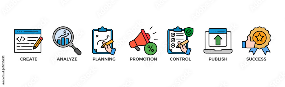 Content strategy banner web icon glyph silhouette with icon of create, analyze, planning, promotion, control, publish and success	