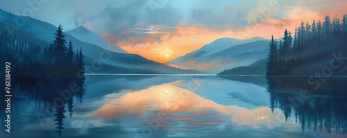 Sunset at a calm mountain lake photo