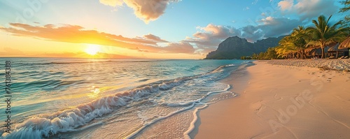 Tourism background with Fantastic Sunrise Beach in Mauritius. Dream Honeymoon Destination. © Sanych