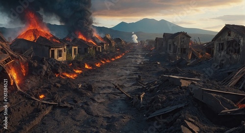 Landscape with destroyed houses after volcanic eruption