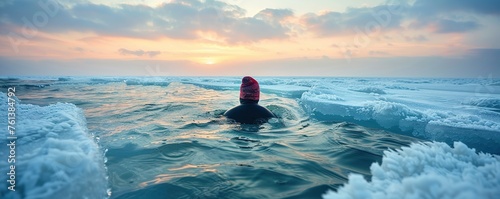 woman cold water swimming in the frozen Baltic Sea photo