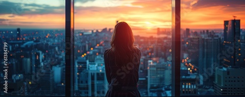 Woman contemplating cityscape through a window at sunset photo