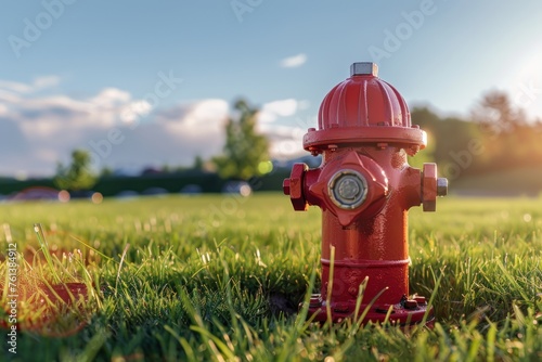 Bright red isolated fire hydrant sits in a freshly cut grass field photo