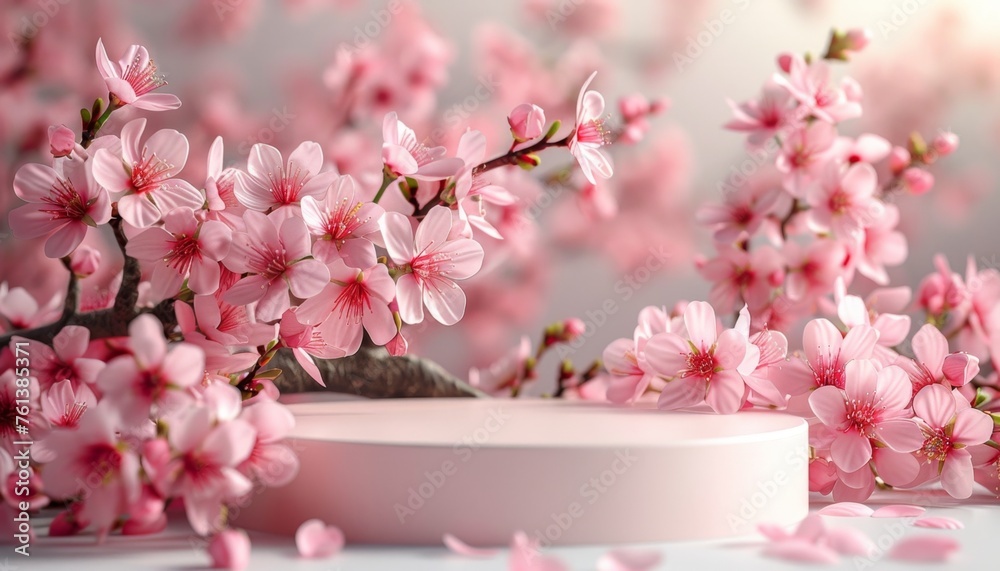 white podium or platform on pink cherry blossoms background, for presentation and advertising of products white podium or platform on pink cherry blossoms background, for presentation and advertising of products