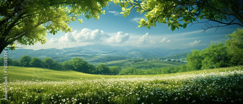 Beautiful spring nature landscape with blooming trees. Meadow, green hills, glade with flowers on sunny day. Mountains view. Springtime. Generative ai © Inai