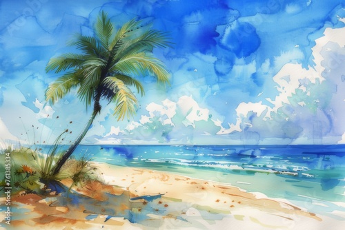 Watercolor illustration of summer palm trees and tropical beach.
