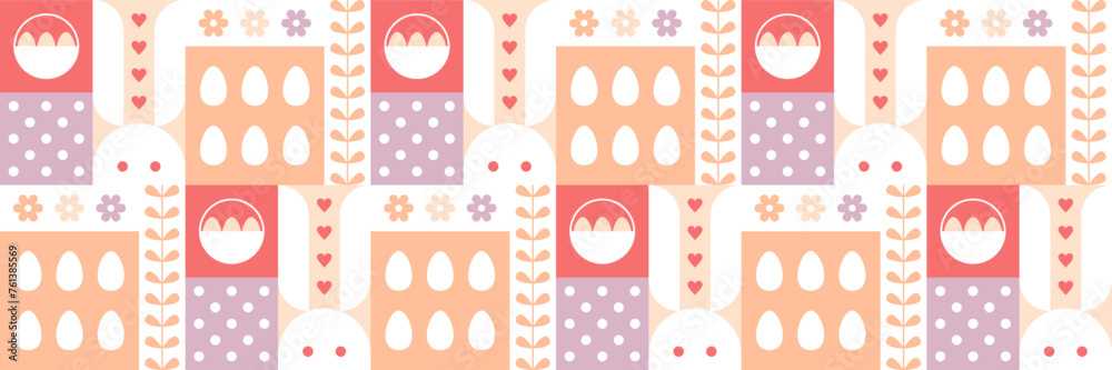 Easter pattern with bunnies, eggs and flowers. Geometric background with rabbits and eggs in baskets. Abstract seamless pattern with bunnies and plants for Easter card or banner, vector illustration