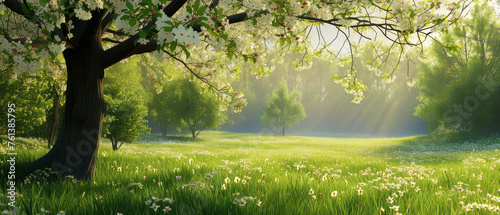 Beautiful spring nature landscape with blooming trees. Meadow  green hills  glade with flowers on sunny day. Generative ai 