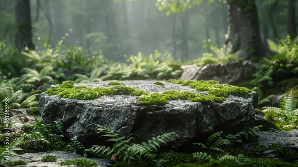 mossy stone platform or eco podium in forest with stone wall in background, for product presentations and advertising, copy space