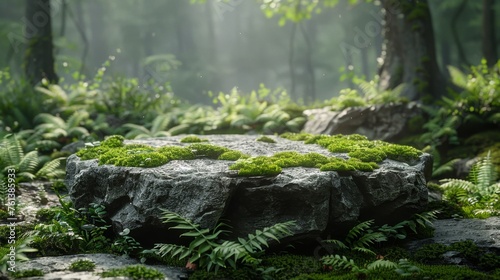 mossy stone platform or eco podium in forest with stone wall in background  for product presentations and advertising  copy space