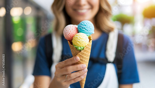 Woman holding an ice cream cone. Summer foods and desserts. Enjoying Summer