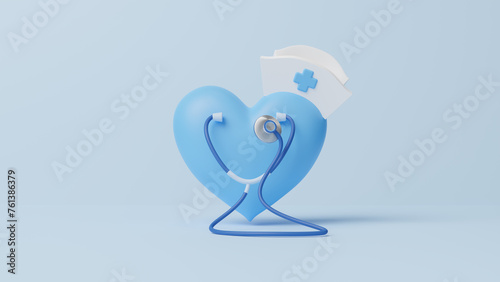 International nurse day, medical help and care concept, happy nurses day on earth with stethoscope to mark the contributions that nurses make to society, copy space for text, 3d rendering illustration photo
