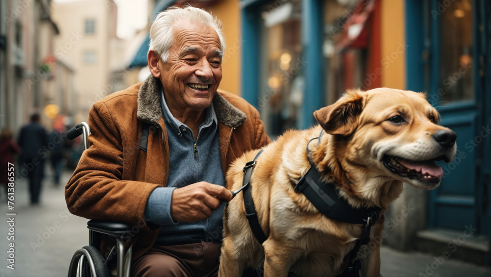 Disabled old man in a wheelchair with a dog - obrazy, fototapety, plakaty 