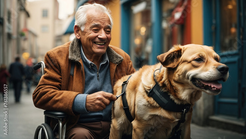 Disabled old man in a wheelchair with a dog photo