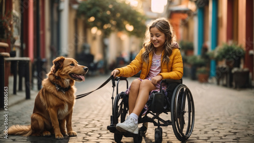 Disabled teenager girl in a wheelchair with a dog