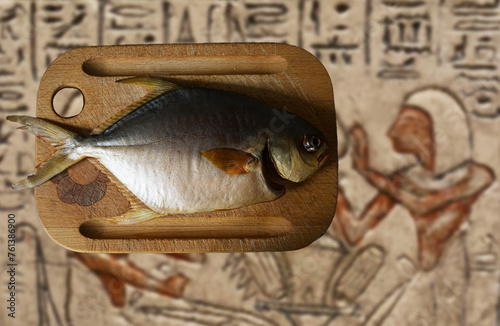 Wędzona ryba na drewnianej desce do krojenia. Egipskie hieroglify. Przezroczyste tło.  © YOUR SHOT