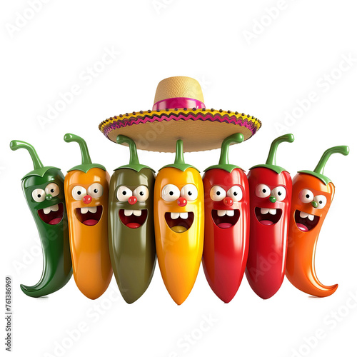 Funny and Colorful Animated Chili Peppers Wearing Sombreros hats on transparent background