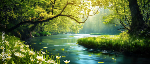 Beautiful spring nature landscape with view on river or lake. Meadow, green hills, glade with flowers on sunny day. Springtime. Summertime. Generative ai