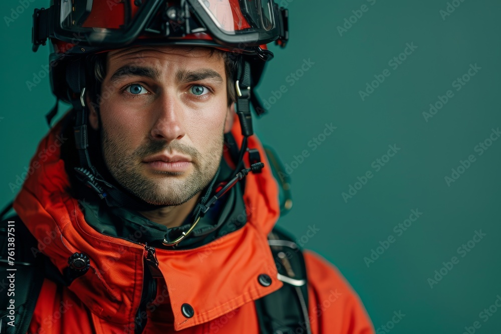 Close-up portrait of a focused paramedic in emergency gear against a teal background Close-up portrait of a focused paramedic in emergency gear against a teal background
