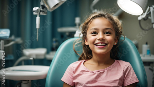 A smiling young girl in a dental chair. Check up by the dentist.