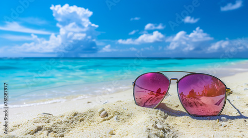 Sunglasses on white sand with ocean backdrop suggesting summer travel and relaxation.