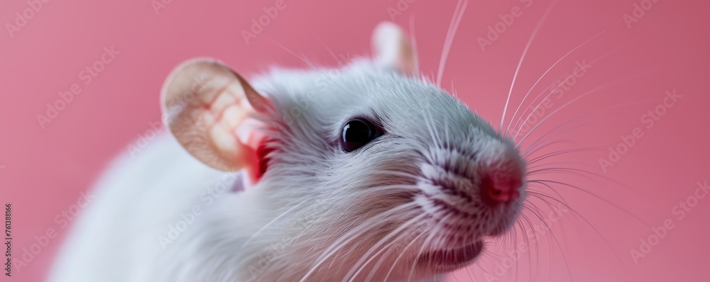 A close-up portrait of a white pet rat with a soft pink background, suitable for pet care resources or animal empathy campaigns.