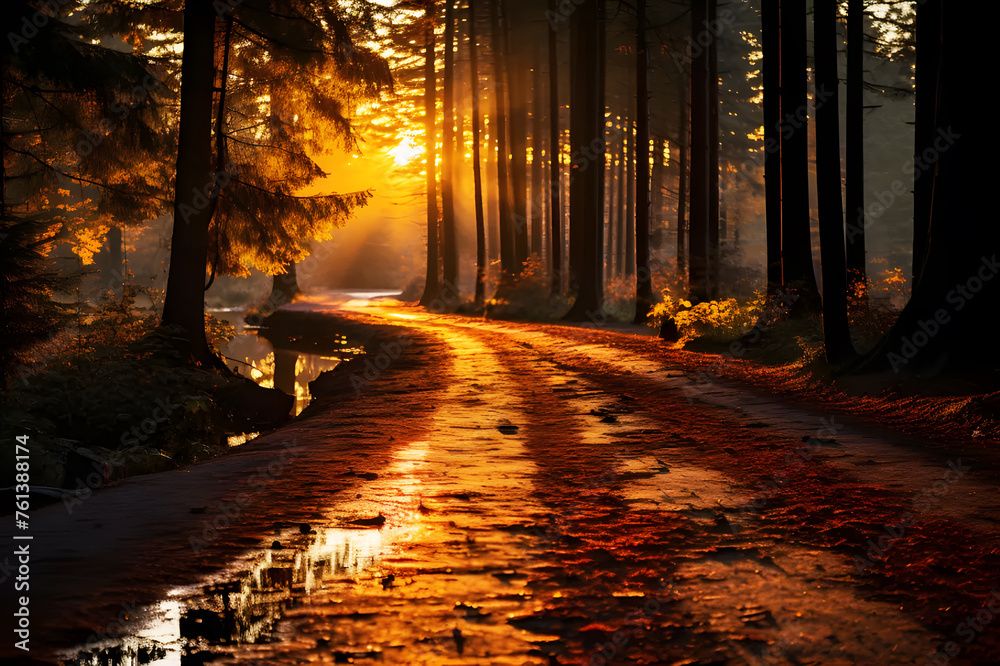 Characteristics scenery in park of walkway next in tree red autumn. Landscape natural road in beautiful forest with the morning sunlight. Realistic clipart template pattern.
