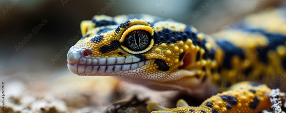 Fototapeta premium A banner with copy space and detailed macro shot of a yellow and black gecko, perfect for biology education or nature photography showcases