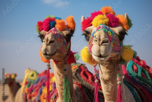 two camels adorned with vibrant and colorful decorations, which can be used to represent cultural celebrations or as part of tourism promotional material.