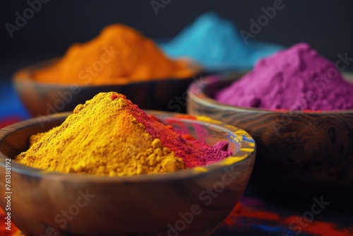 Holi Festival Background with Variety of Color Powder in Bowl photo