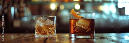 Two glasses of whiskey with ice, an Old Fashioned cocktail on the right, set on a bar counter with a bokeh background, ideal for bar menus or alcohol-related advertisements.